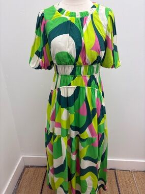 THML Green, Pink & White Abstract Tiered Midi Dress